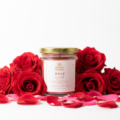 Rose Soy Wax Candle – Long-Lasting | 40+ Hour Burn | Handpoured Eco-Friendly Jar by Serene Saffron